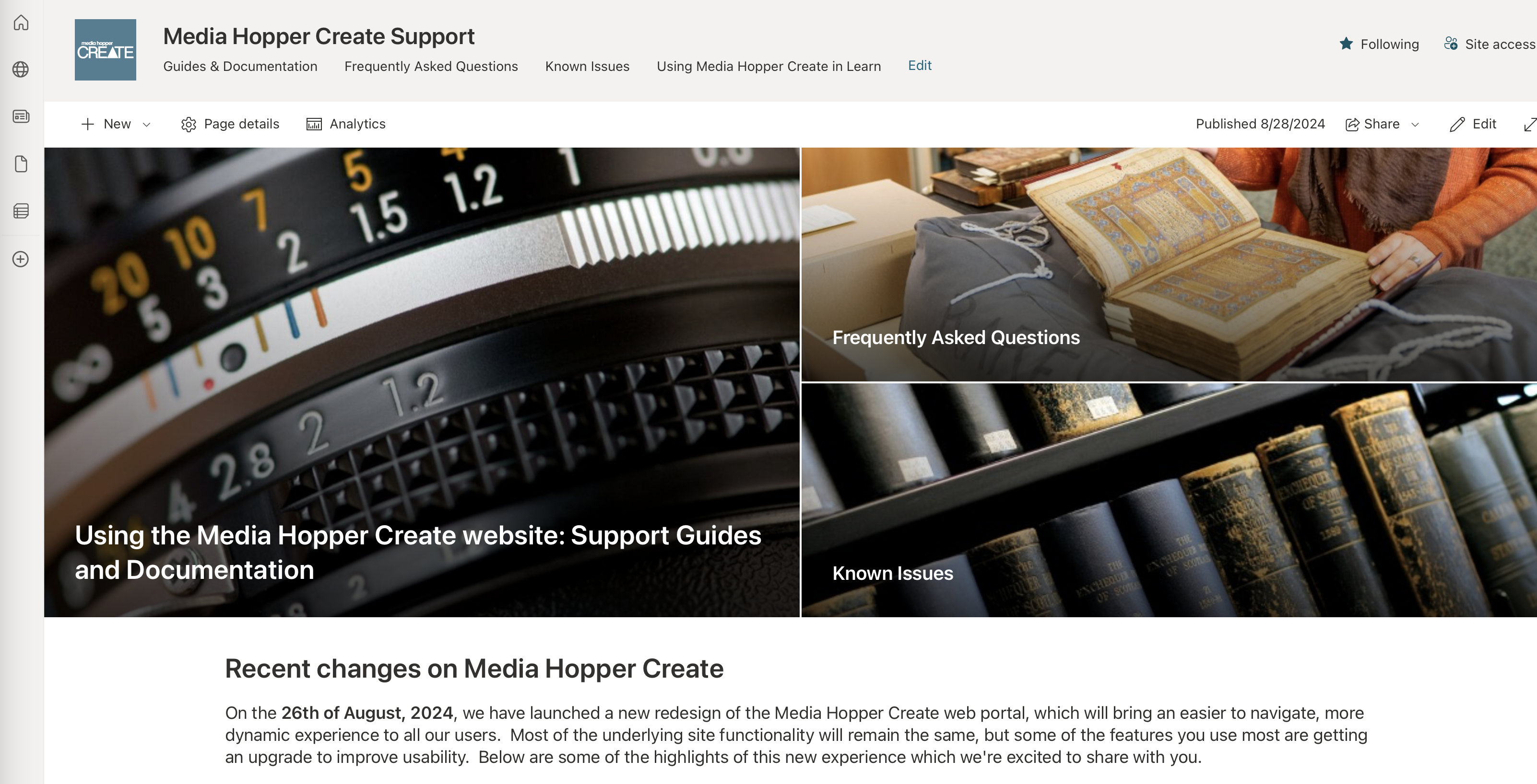 A screenshot of the Media Hopper Create Sharepoint site