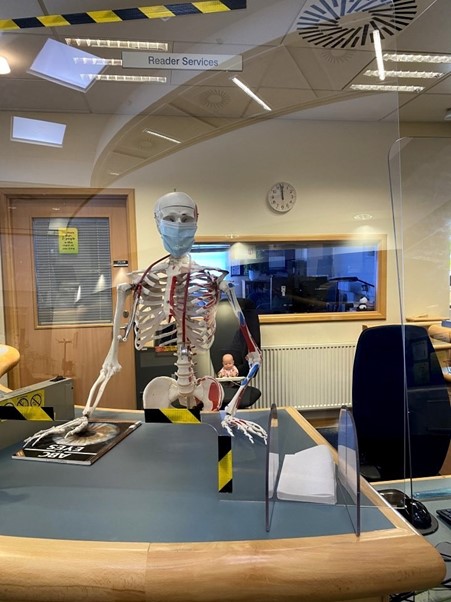 A photo of the Main Library help desk, behind the desk is a swivel chair with a model skeleton sitting on it facing the camera.