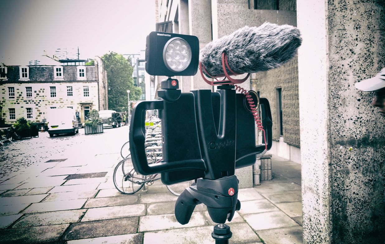 An iPad on a tripod using an iOgrapher case