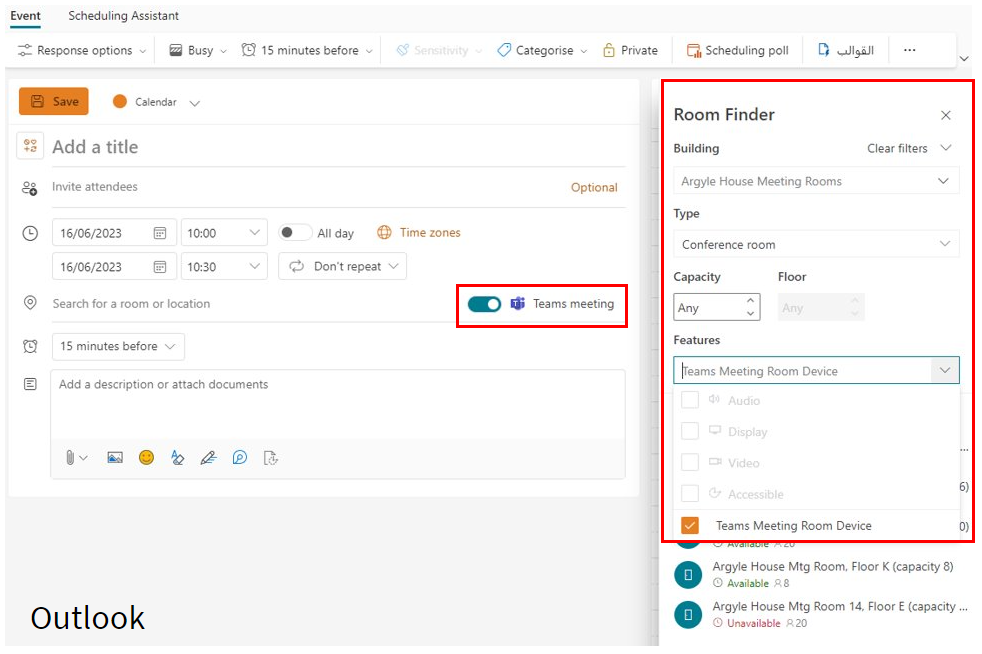 Schedule a Teams Room through Outlook calendar