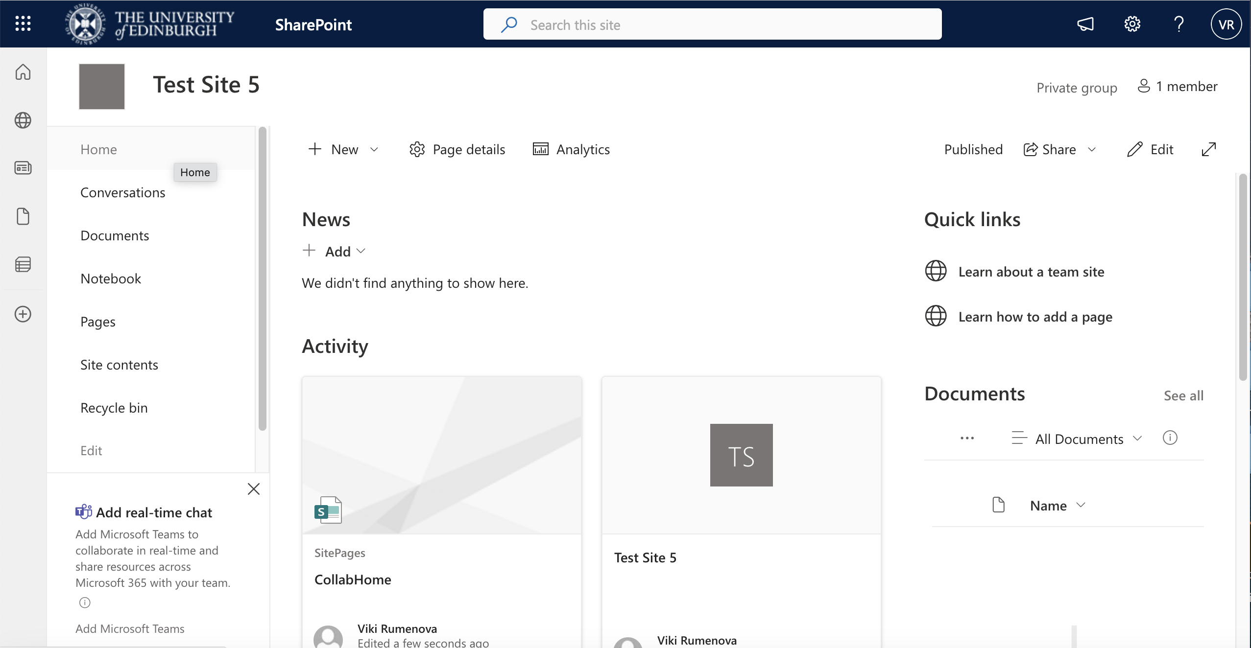 A screenshot of a Modern Teams SharePoint site