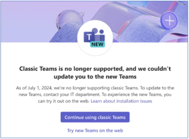 New Teams notice if user device is unsupported