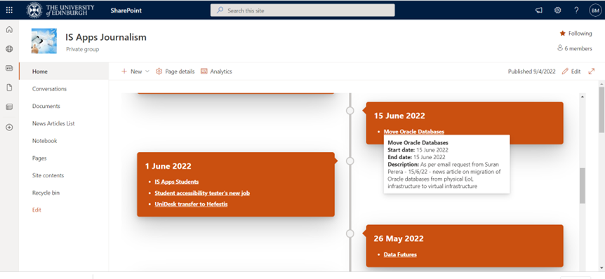 A screenshot of the timeline web part in the IS Apps Journalism SharePoint, including the Hovercard users can see when moving their cursor over an event